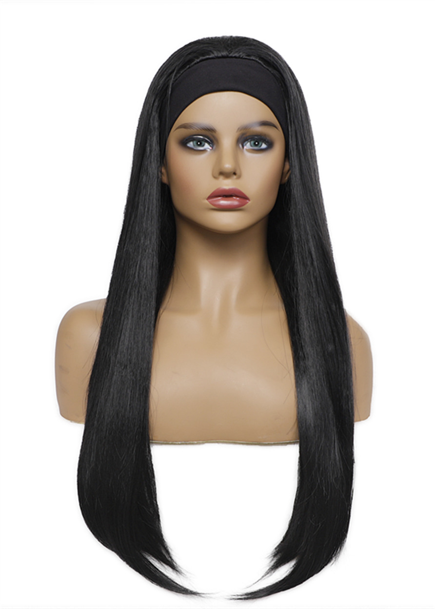 Headband Wig Natural Straight Synthetic Hair Wigs With Bang For Black Women