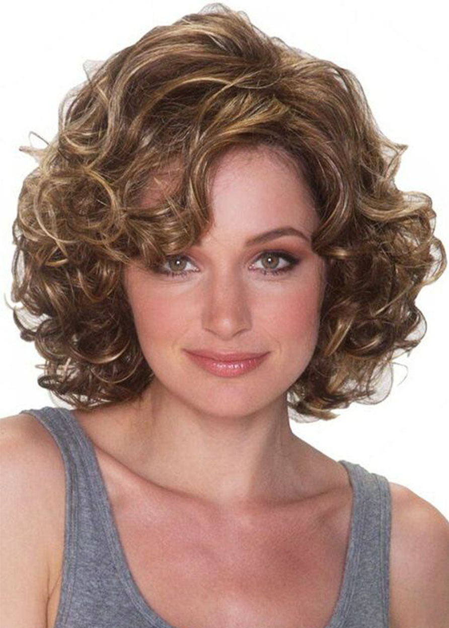 Short Curly Bob Hairstyles Women's Side Part Afro Curly Human Hair Wigs Brown Color Lace Front Cap Wigs 14inch