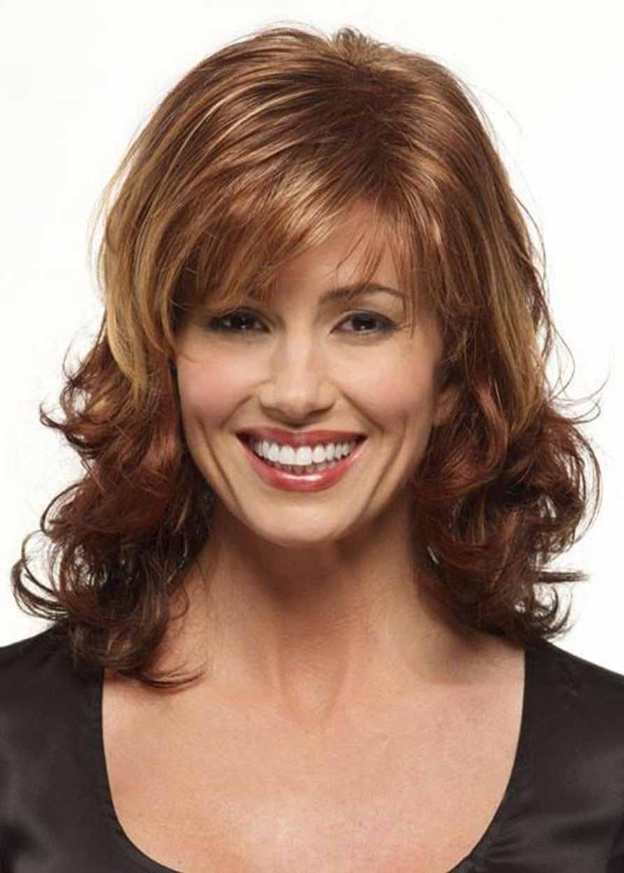 Women's Contemporary Shoulder Length Layers Loose Wavy Synthetic Hair Capless Wigs With Soft Wispy Bangs 18Inch