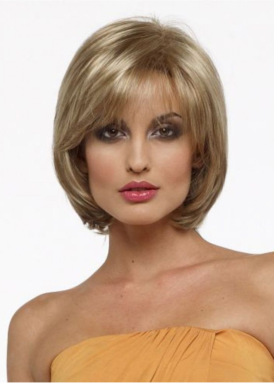 Women's Blonde Straight Bob Style Human Hair Wigs Capless Wigs With Bangs 10Inch