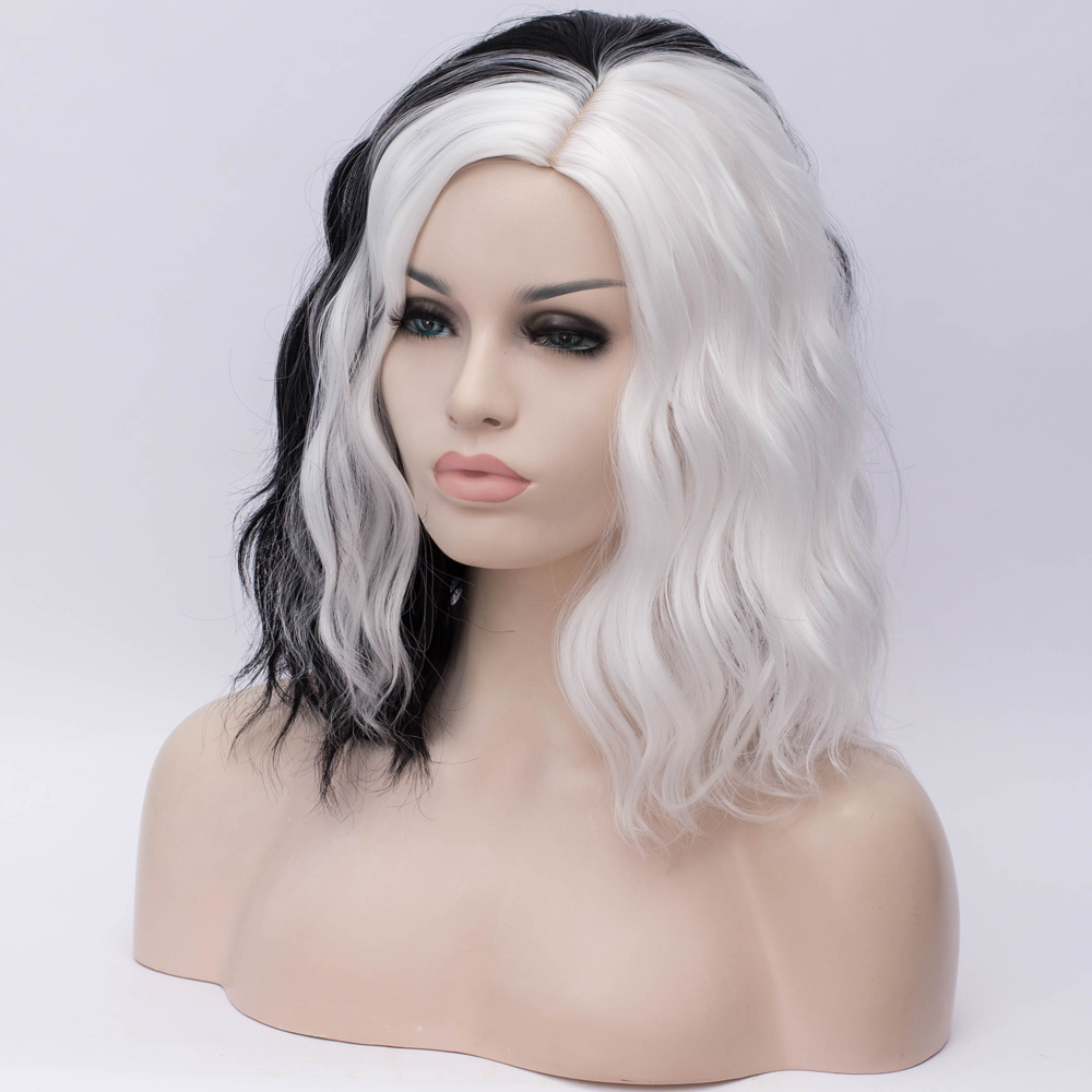 Medium Cruella Wig Black and White Synthetic Hair Wavy Bob Hairstyle