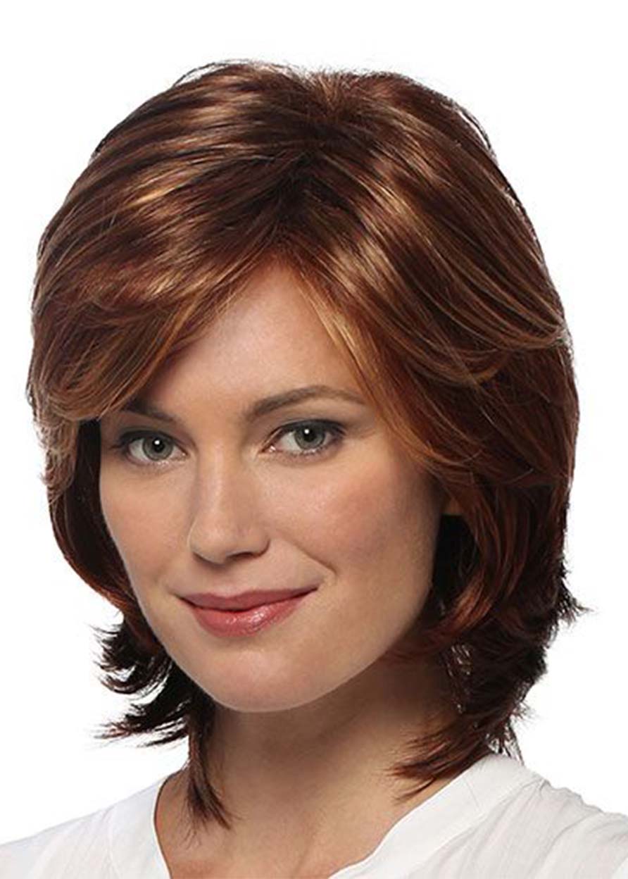 Women's Short Layered Hairstyles Shaggy Natural Straight Synthetic Hair Capless Wigs 14Inch