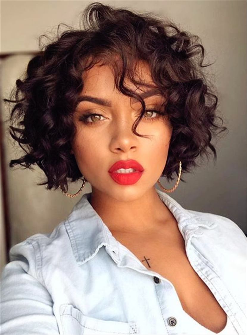 Bob Hairstyle Short Curly Synthetic Hair Capless African American Women Wigs 8 Inches