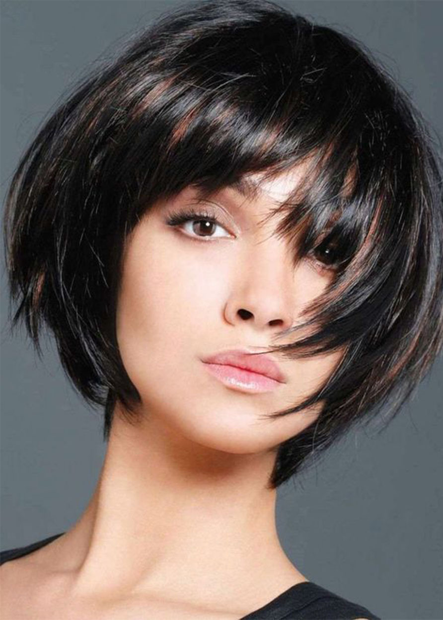 Women's Short Bob Hairstyle Natural Straight Human Hair Capless Wigs With Bangs 10Inch