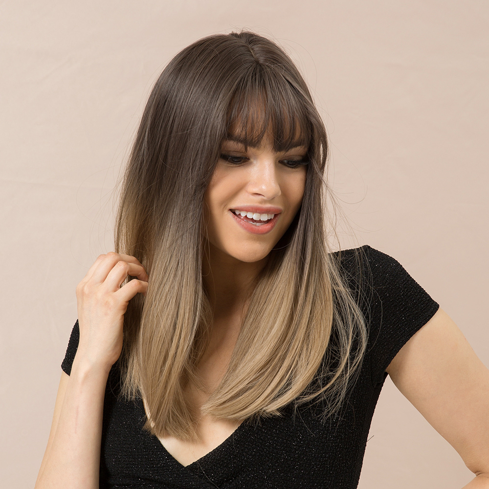 Long Bob Ombre Color Synthetic Hair Straight Wig With Bangs 20 Inches