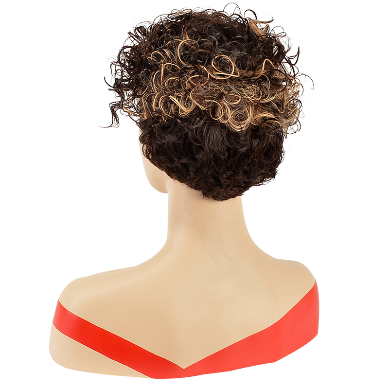 Mixed-Color Kinky Curly Short Synthetic Hair With One Side Bangs Capless Wigs 10 Inches