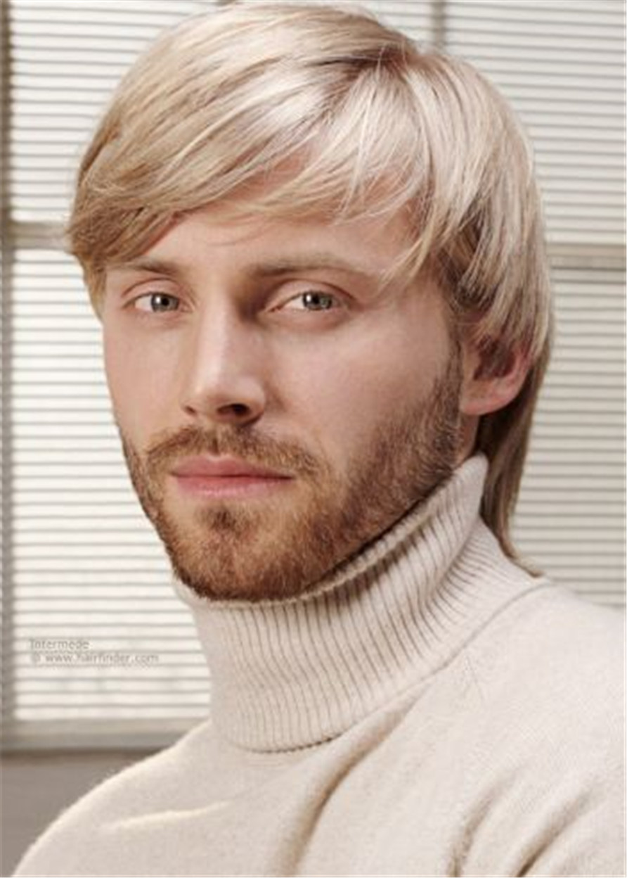 Short Full Lace Blonde With Bangs Human Hair Wigs For Men 10 Inches