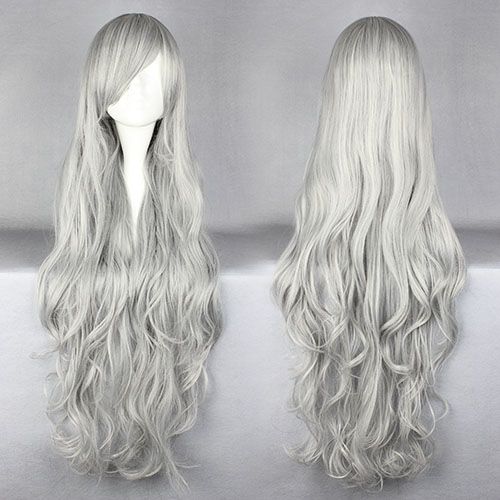 Salt and Pepper Long Curly Silver Synthetic Hair Cosplay Wigs 36 Inches