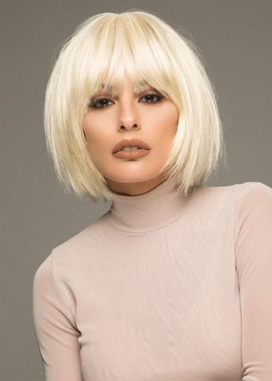 Short Bob Hairstyle Women's 613 Blonde Straight Human Hair Lace Front Wigs With Bangs 10Inch
