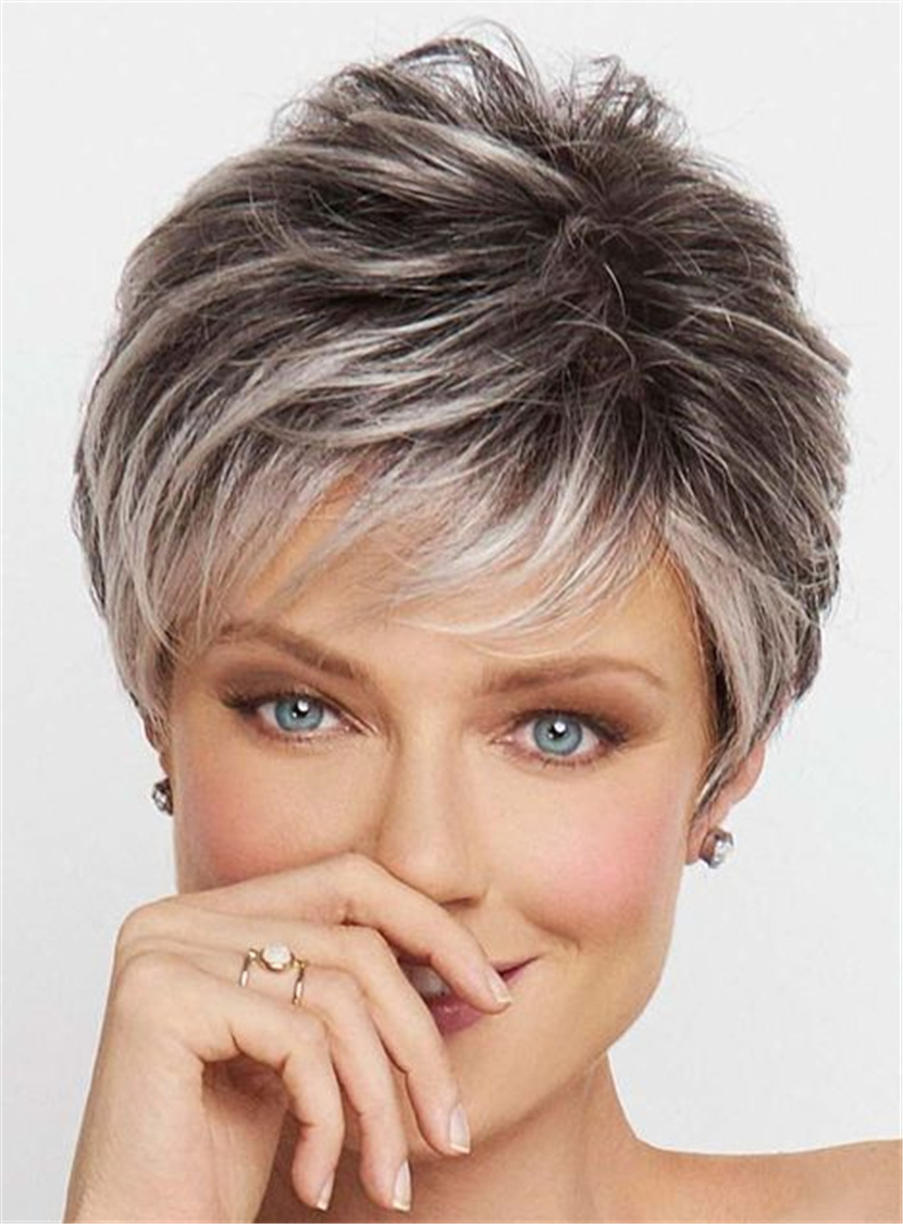 Salt and Pepper Short Choppy Layered Synthetic Capless Wigs