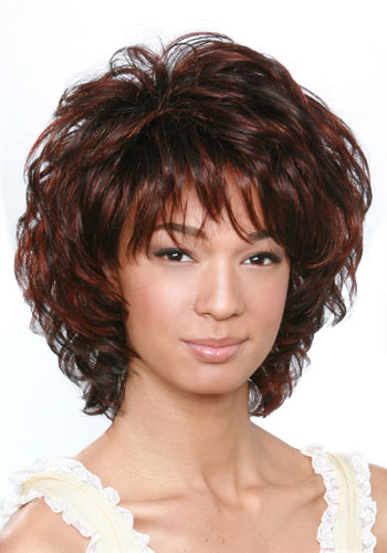 Short Curly Dark Brown Mixed Color Layered Hairstyle with Full Bangs Capless Synthetic Hair 10 Inches