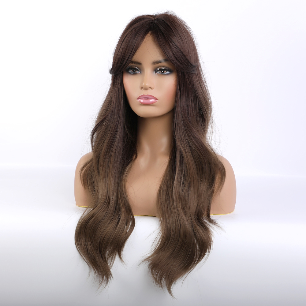 Women's Long Wavy Brown Synthetic Wigs With Bangs 26 Inches