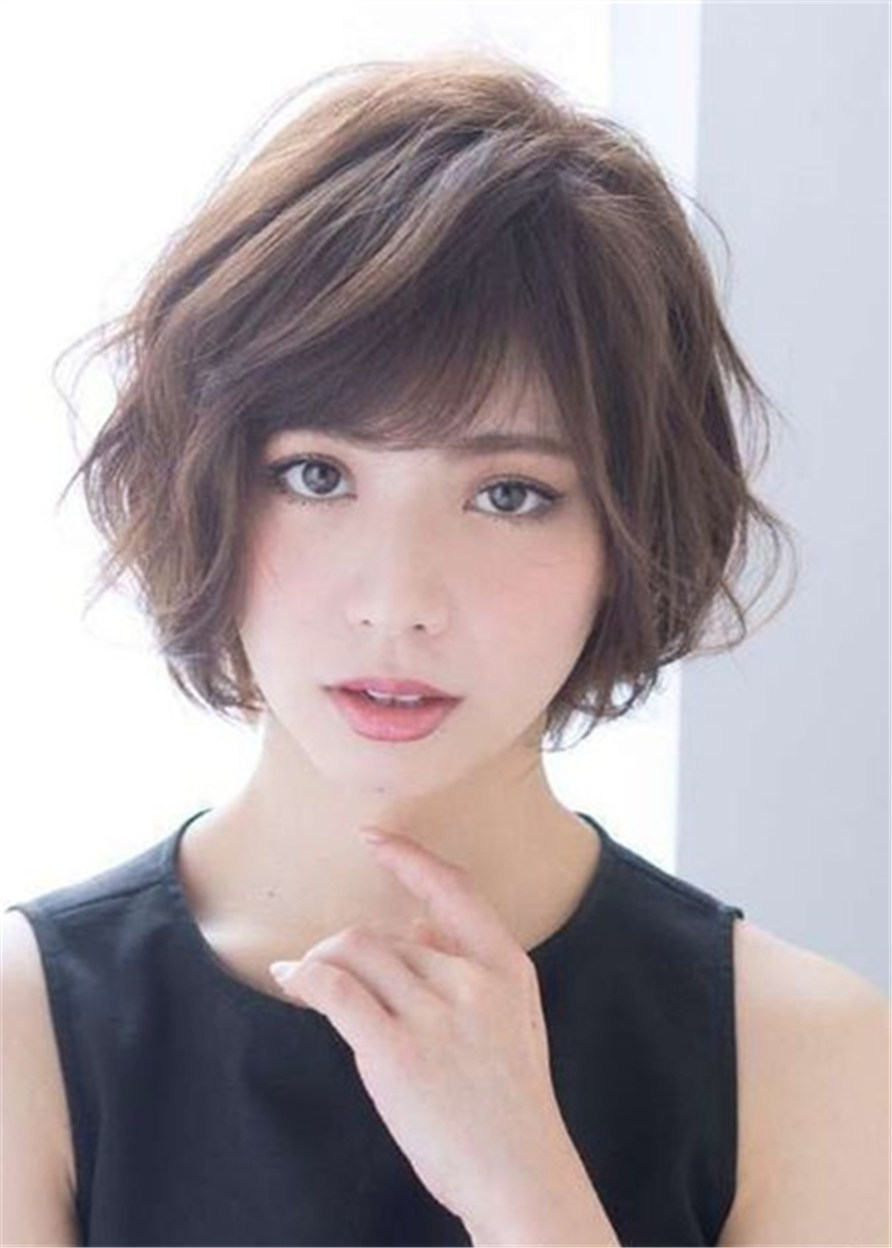 Japanese-style Bob Wavy Human Hair Lace Front Wig With Bangs 12 Inches
