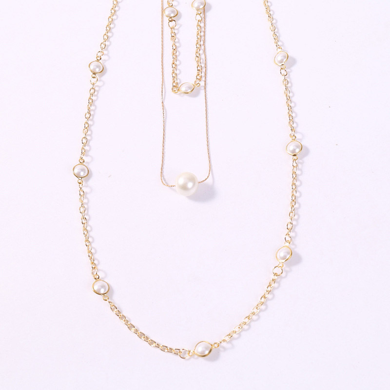 Adult Women/Ladies Sweet Style Link Chain Pearl Inlaid Technic Chain Necklace