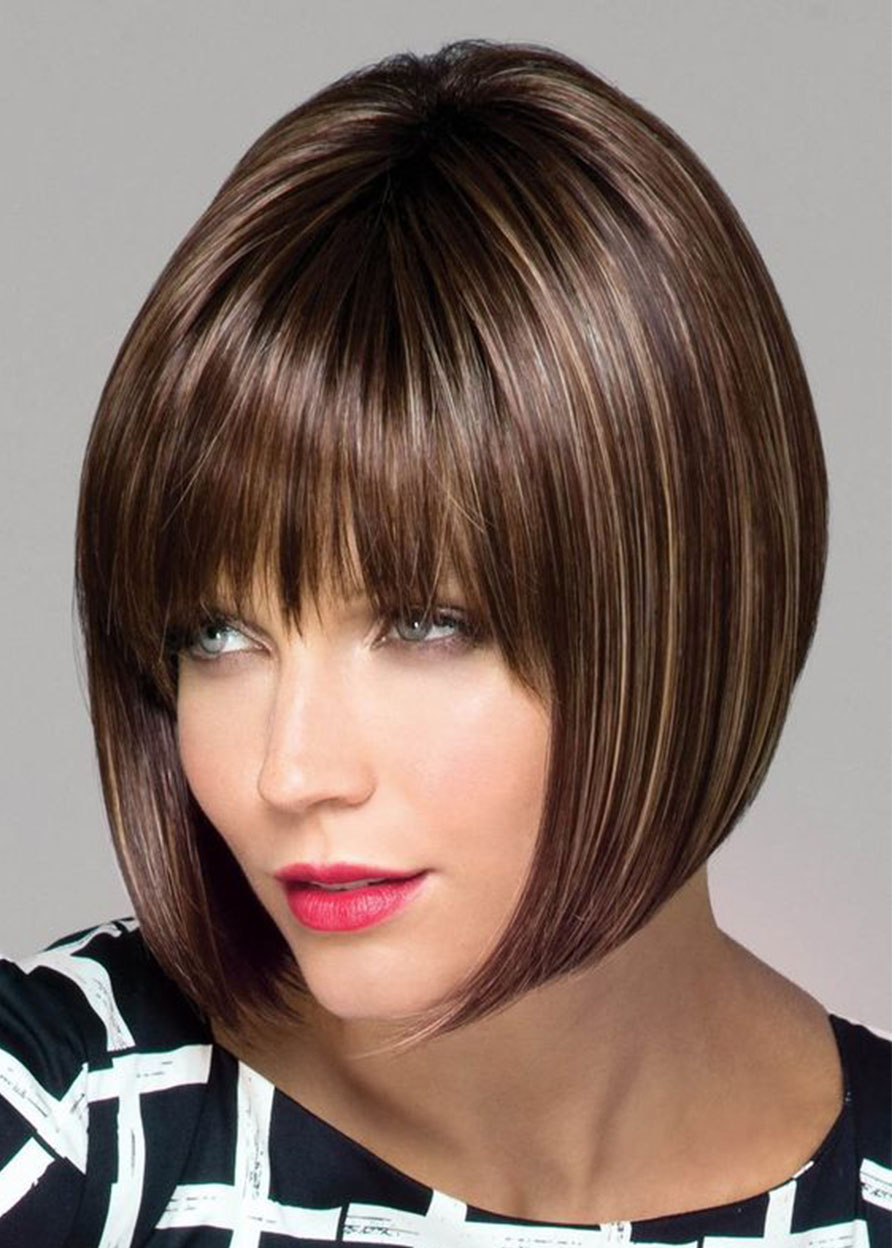 Women's Dark Brown Medium Bob Hairstyles Straight Synthetic Hair Lace Front Wigs 14Inches