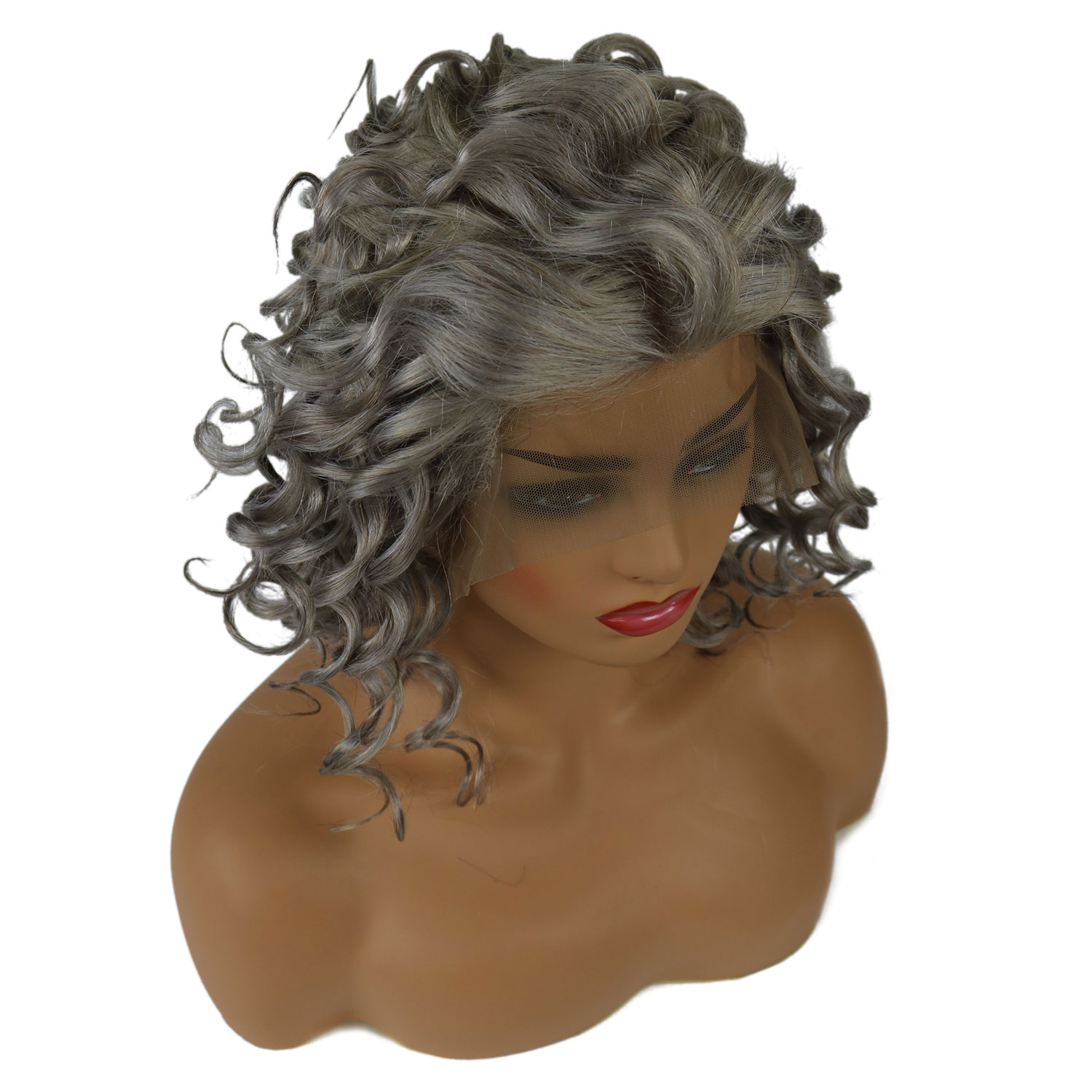 Salt and Pepper Hair Medium Length Human Hair Lace Front Curly Wigs 18 Inches