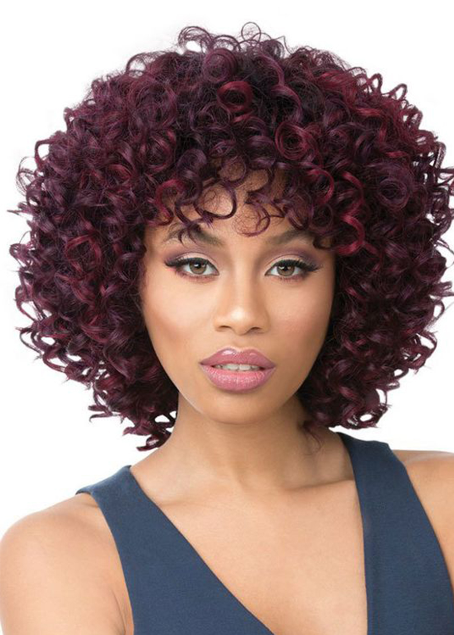 African American Women's Kinky Curly Medium Bob Hairstyle Synthetic Hair Capless Wigs 14Inch