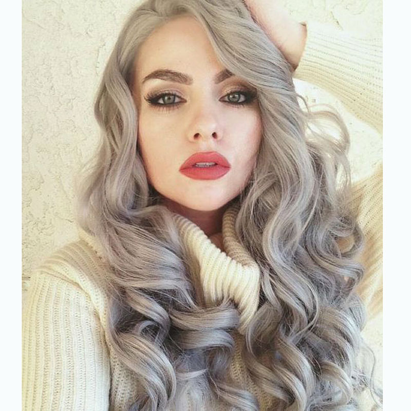 Grey Big Curly Hair Lace Front Synthetic Wig 24 Inches