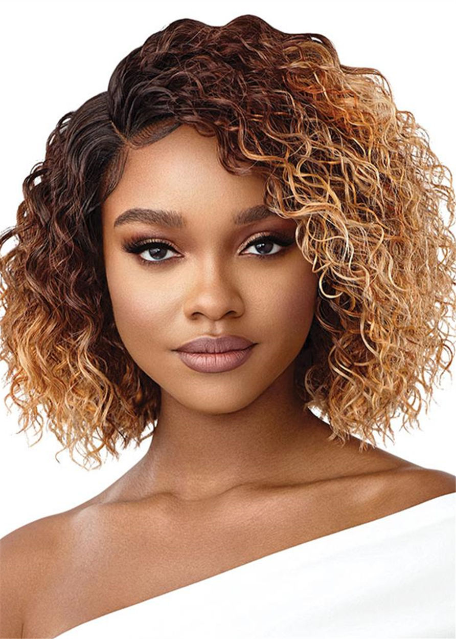 African American Women's Medium Hairstyles Kinky Curly Synthetic Hair Capless Wigs 16 Inch