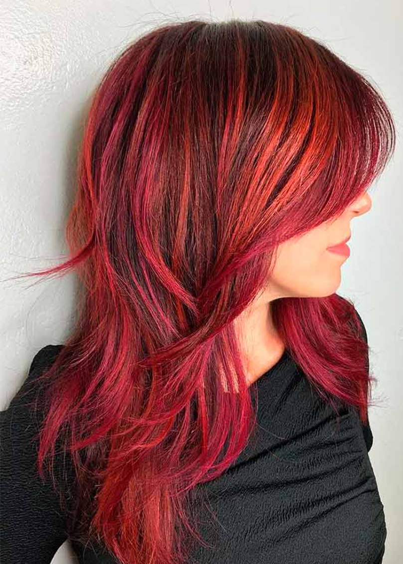 Women's Shag Haircut Red Long Side Bang Wavy Synthetic Hair Capless Wigs 20Inch