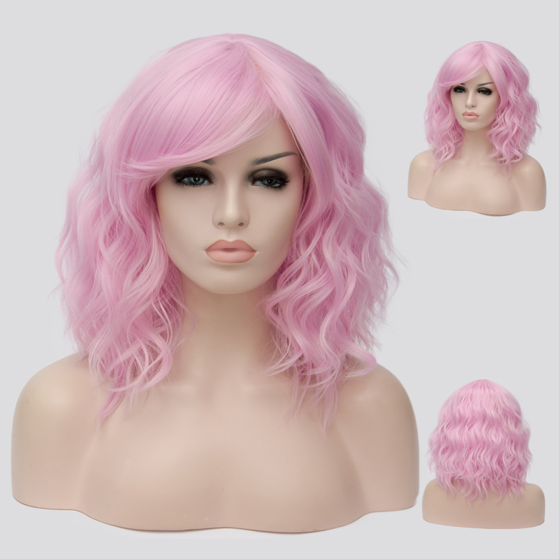 Pink Medium Loose Wavy Capless Synthetic Wig 14 Inches