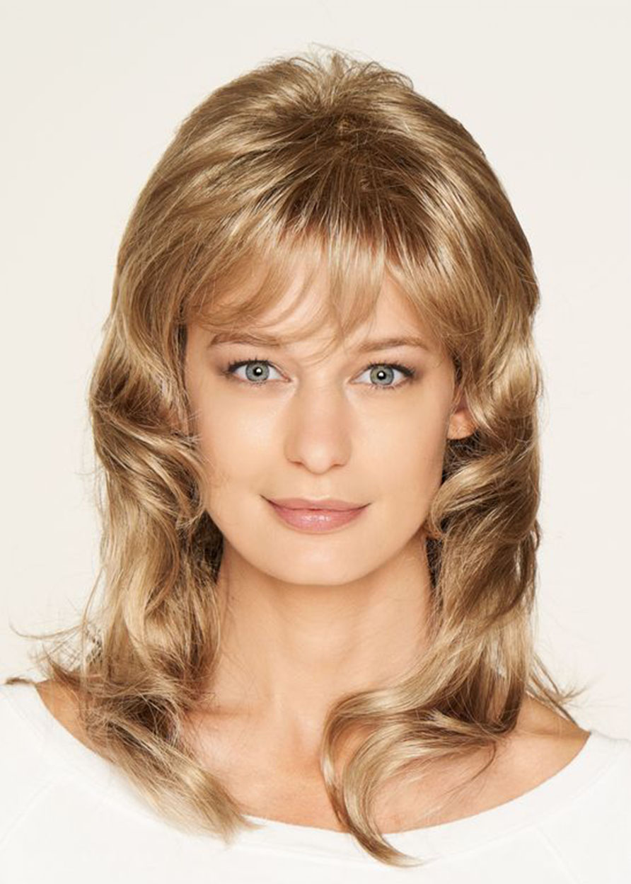 Medium Layered Hairstyles Women's Loose Wave Human Hair Lace Front Wigs With Bangs 18Inch