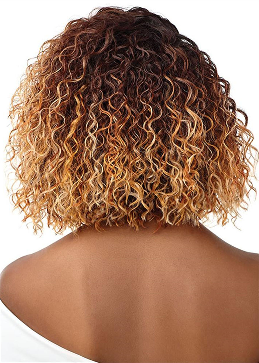 African American Women's Medium Hairstyles Kinky Curly Synthetic Hair Capless Wigs 16 Inch