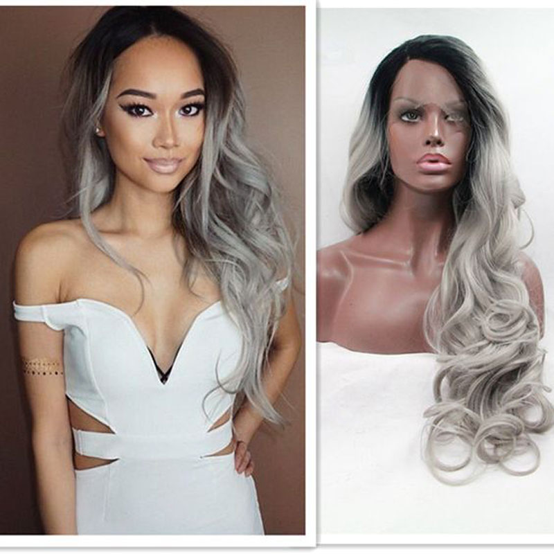 Salt and Pepper Black/Grey Big Curly Hair Lace Front Synthetic Women Wigs
