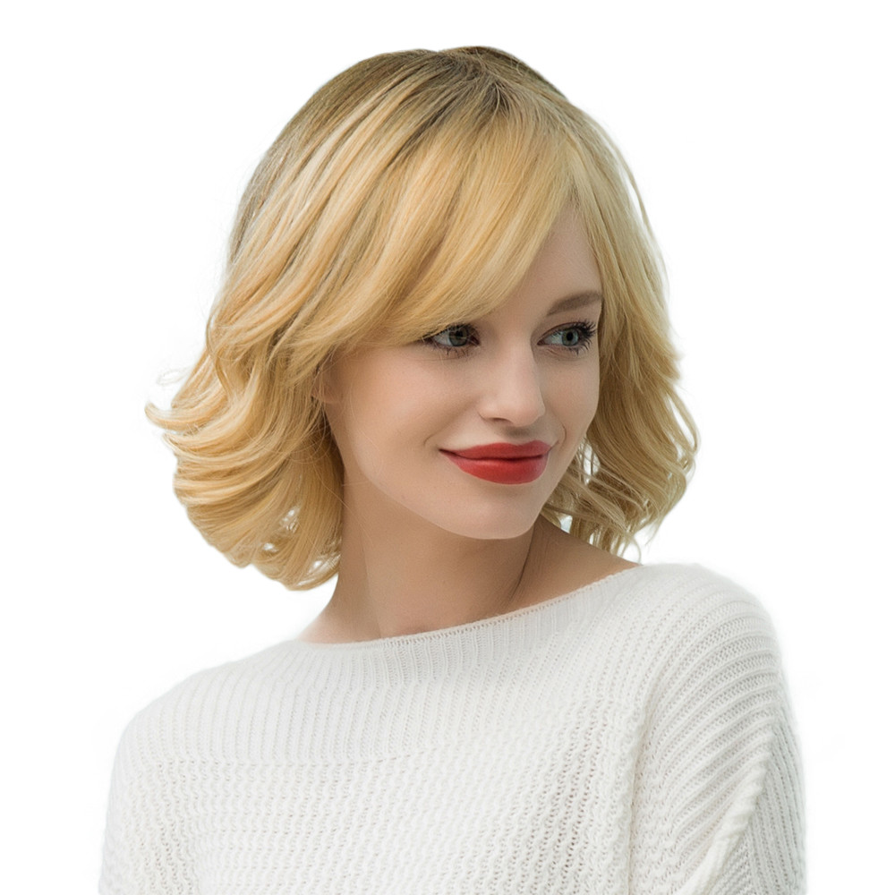 Natural Looking Women's 130% Density Wavy Human Hair Blend Capless Wigs 14Inches