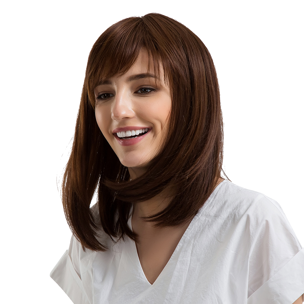 Natural Straight With Bangs Human Hair Capless Wig 14 Inches