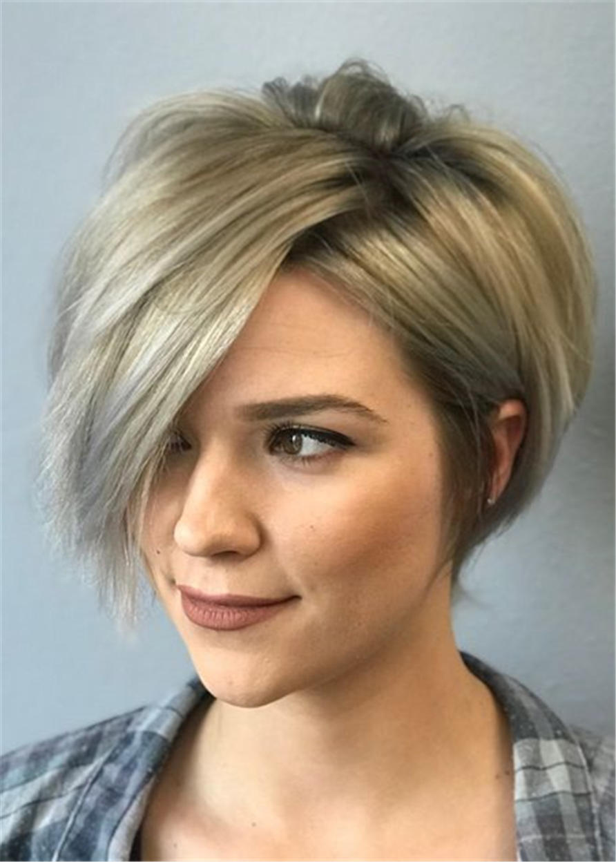 Pixie Short One Side Part Bangs Straight Synthetic Hair Capless Wigs 8 Inches