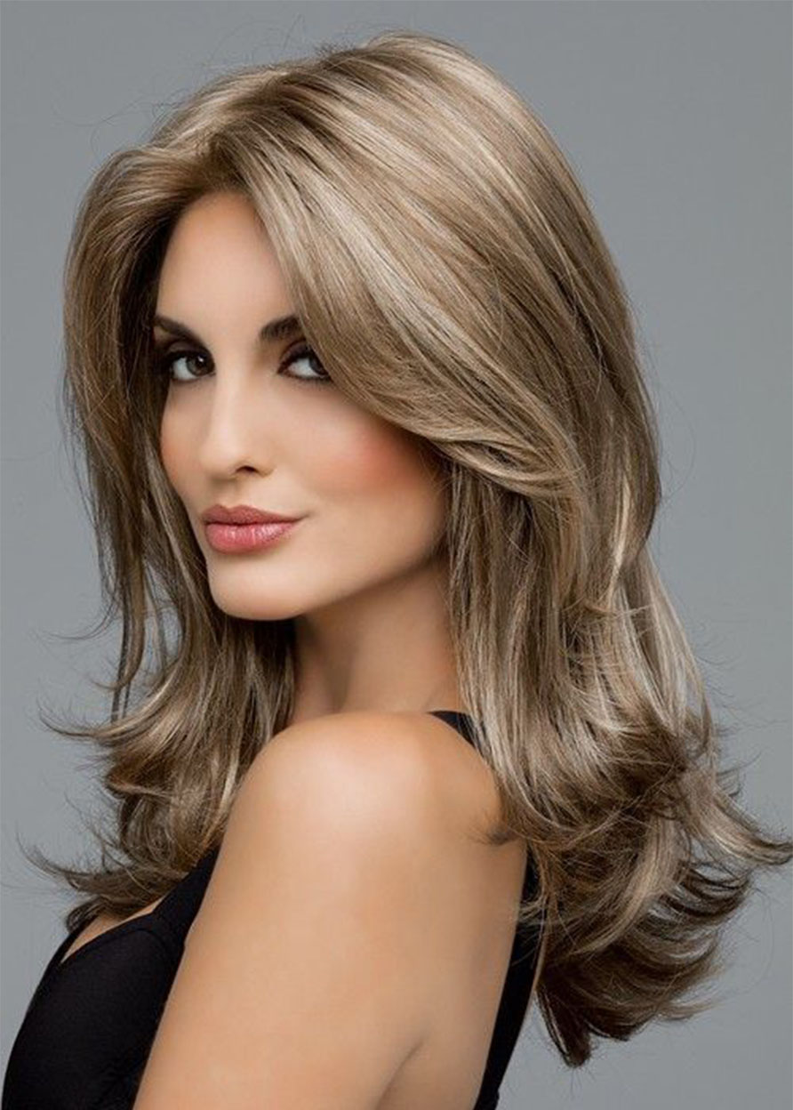 Fashion Women's Layered Wavy Hairstyles Middle Part Lace Front Cap Human Hair Wigs 22Inch