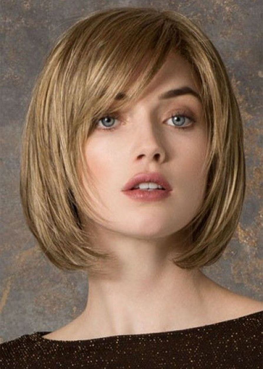 Women's Shorts Bob Layered Hairstyles Straight Human Hair Lace Front Cap Wigs With Bangs 10Inch