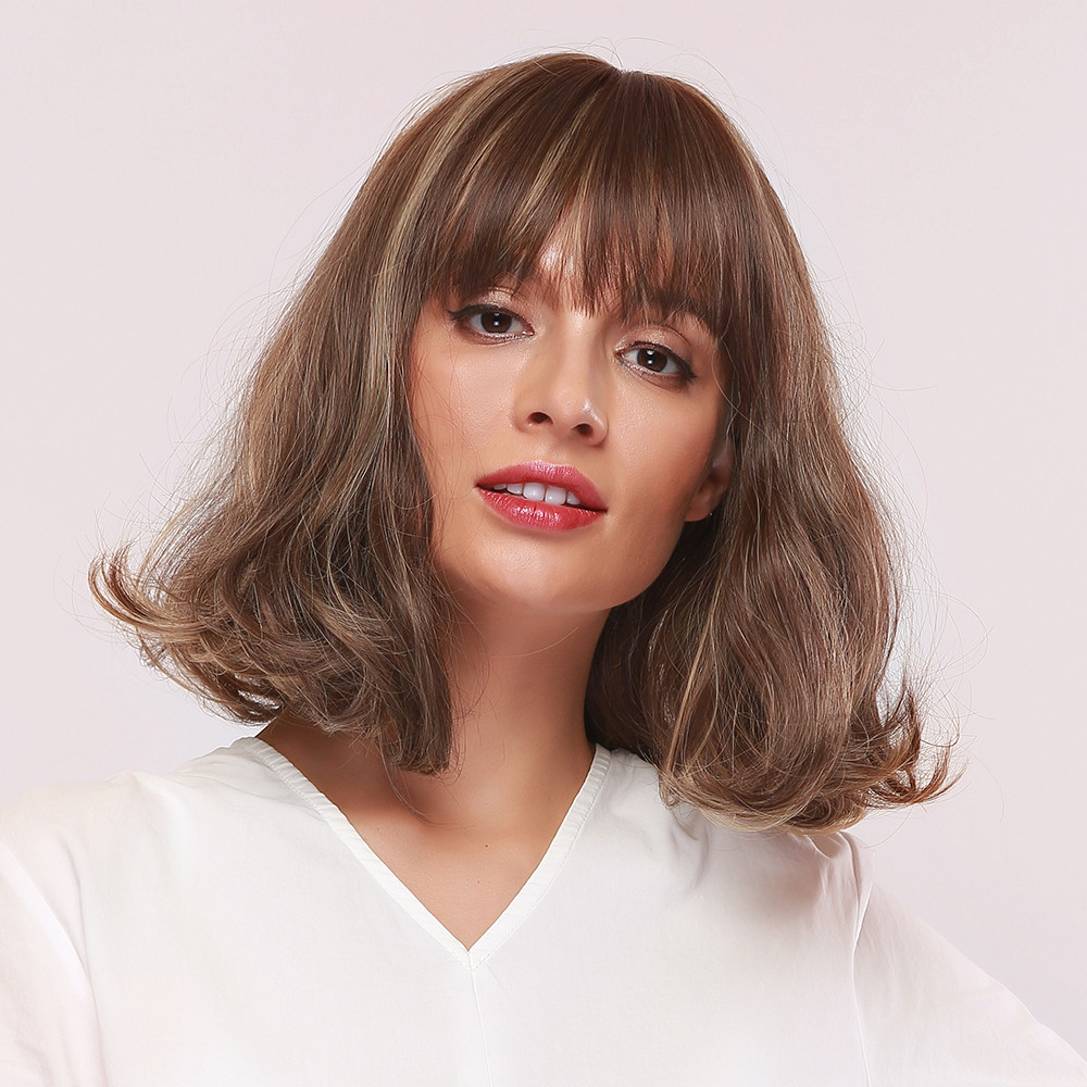 Medium Hairstyle Women's Bob Style Wavy Synthetic Hair Capless Wigs With Bangs 14Inches