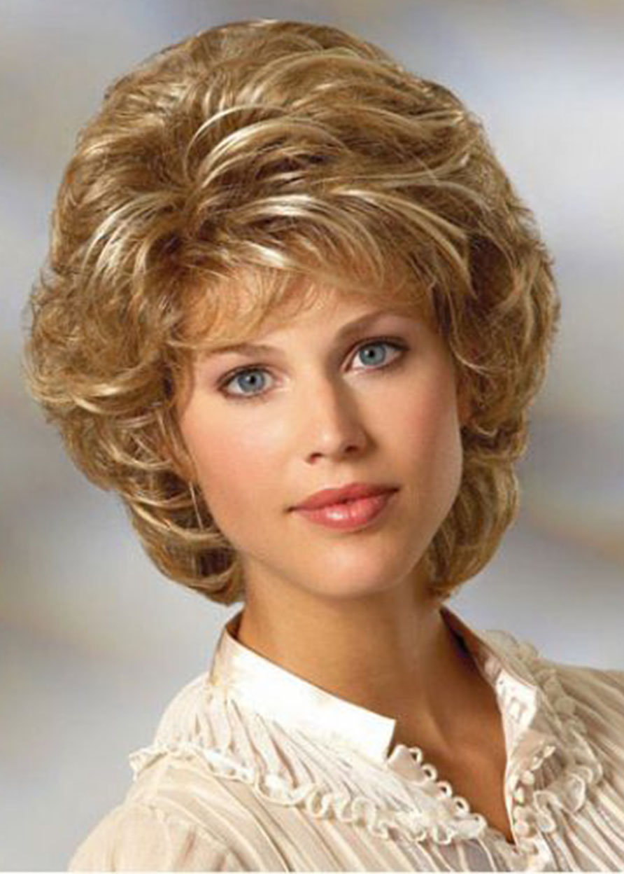 Women's Short Layered Hairstyle Blonde Curly Synthetic Hair Capless Wigs 10Inch