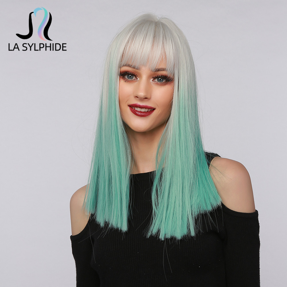 Ombre Color Hairstyle Synthetic Straight Hair Wig With Bangs 20 Inches