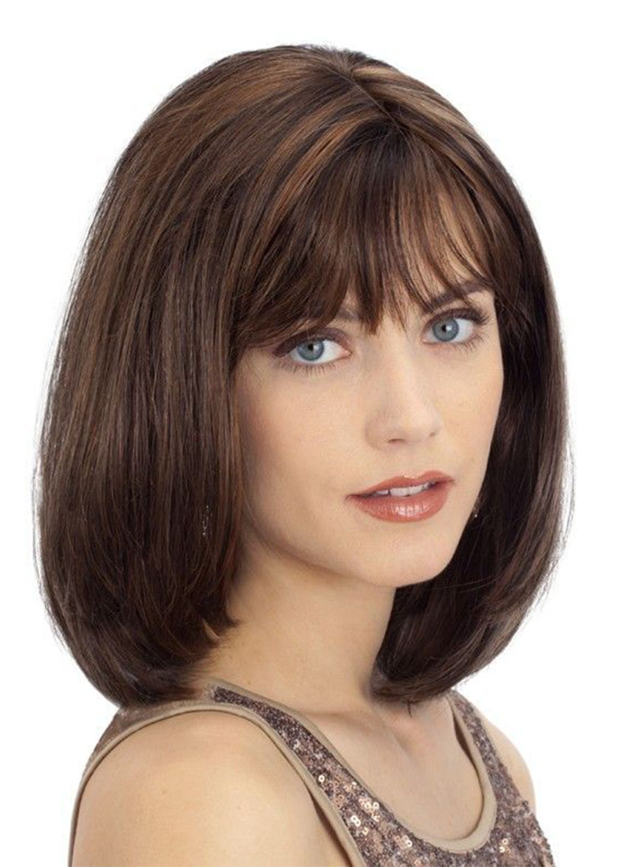 Medium Bob Hairstyles Women's Natural Looking Straight Human Hair Lace Front Cap Wigs 18Inch