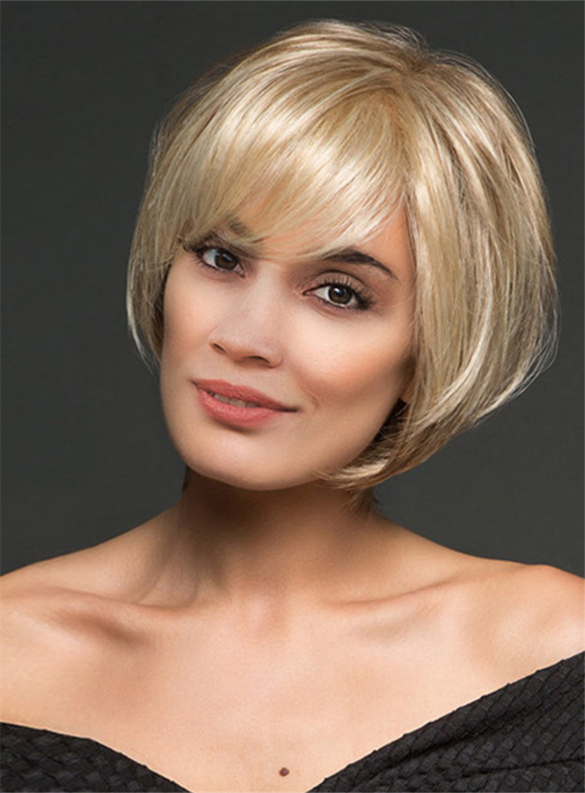 Blonde Color Short Straight Bob Hairstyle Wispy Bang Capless Women Wigs