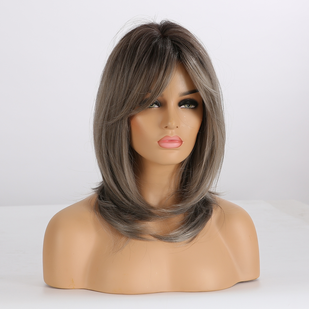 Ombre Grey Layered Synthetic Wigs With Bangs 20 Inches