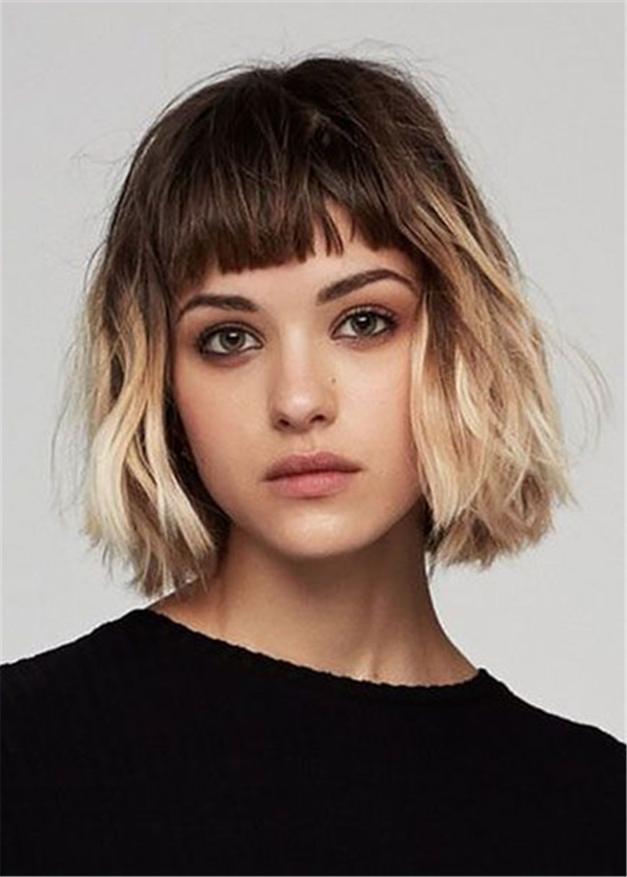 Mix Color Bob Hairstyles Natural Wavy Synthetic Hair WIth Bangs Capless Wigs 14Inch