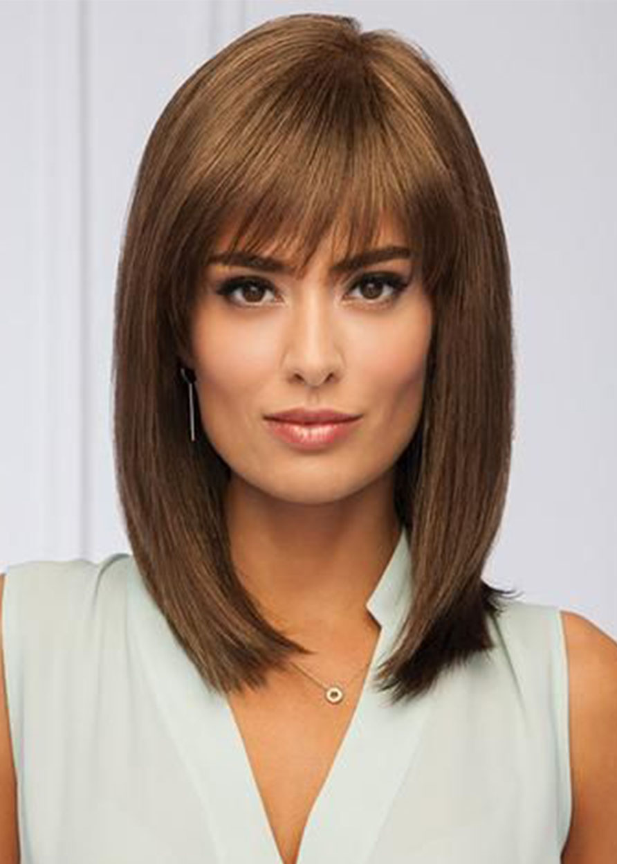 Women's Medium Hairstyles Straight Brown Synthetic Hair Wigs Capless Wigs 14Inches