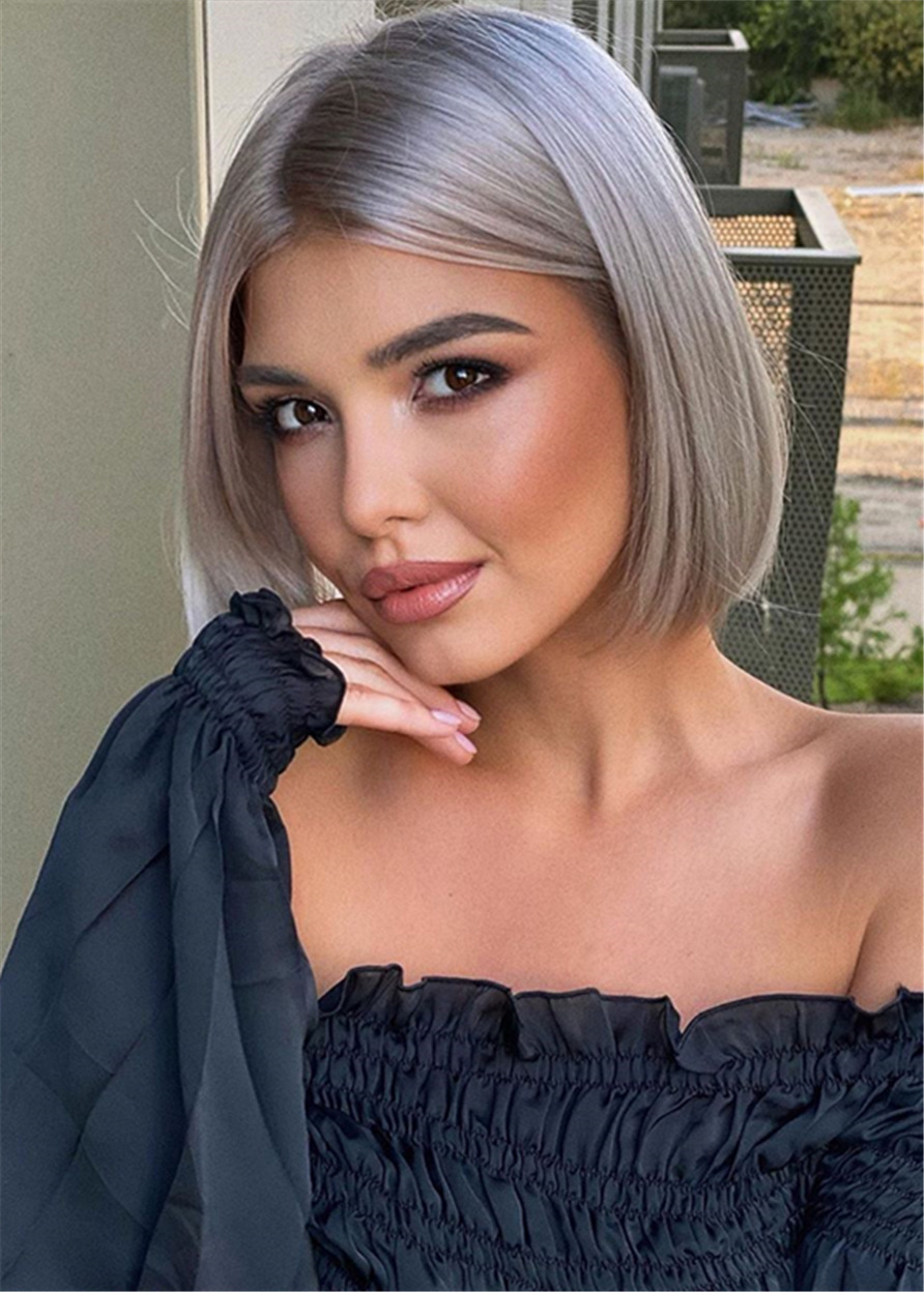 Silver Gray Short Bob Hairstyles Synthetic Straight Hair Capless Wigs 12 Inch
