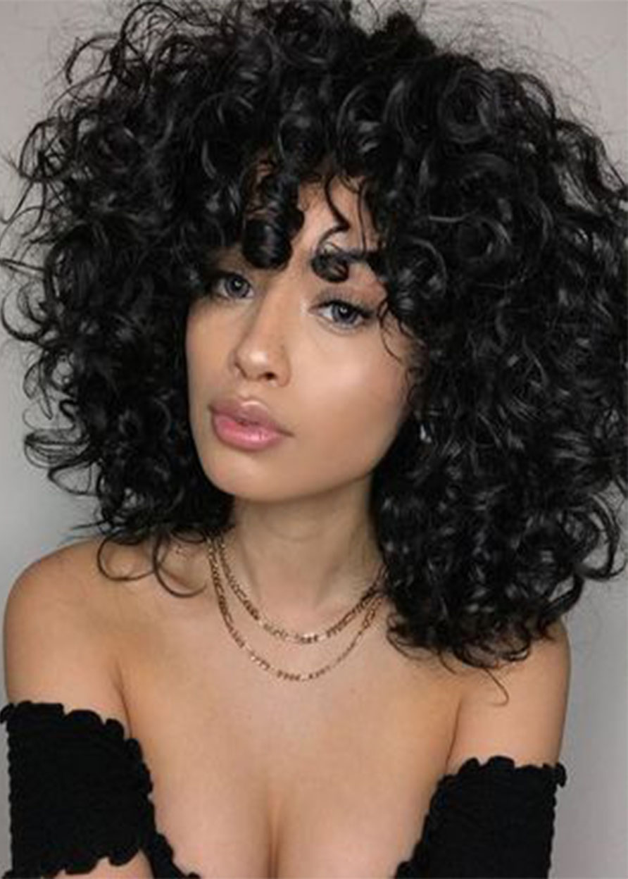 Women's Heat Resistant Natural Black Afro Curly Synthetic Hair Soft Fluffy Capless Wigs 16Inch