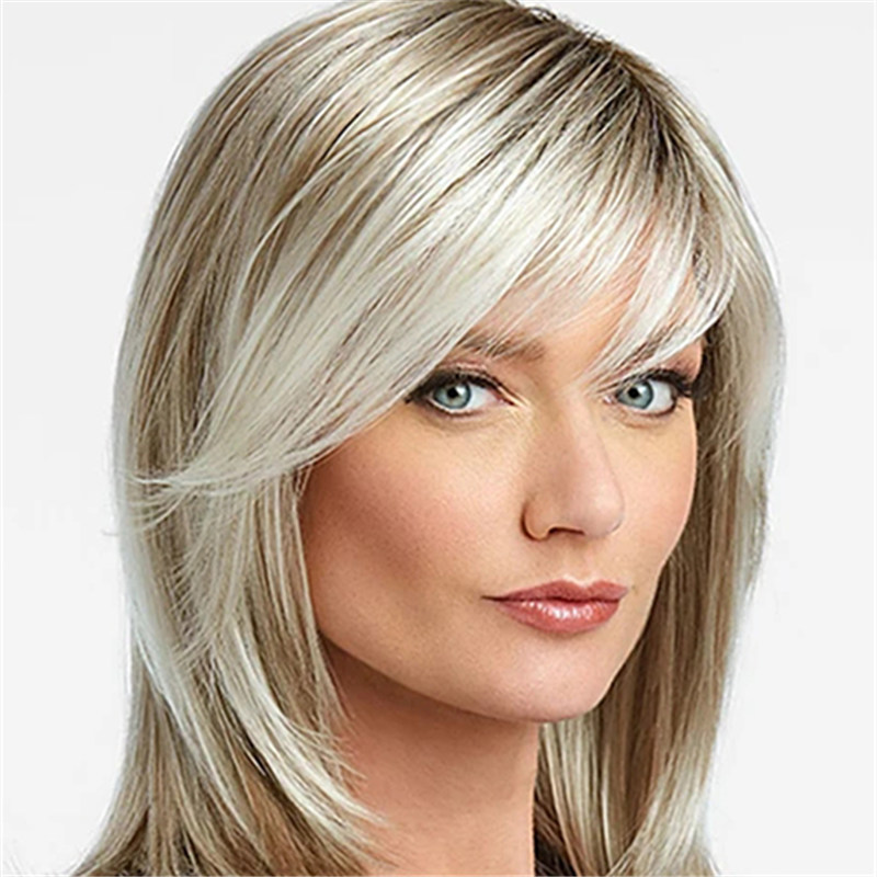 Medium Hairstyles Women's Blonde Color Straight Synthetic Hair Capless Wigs 16Inch