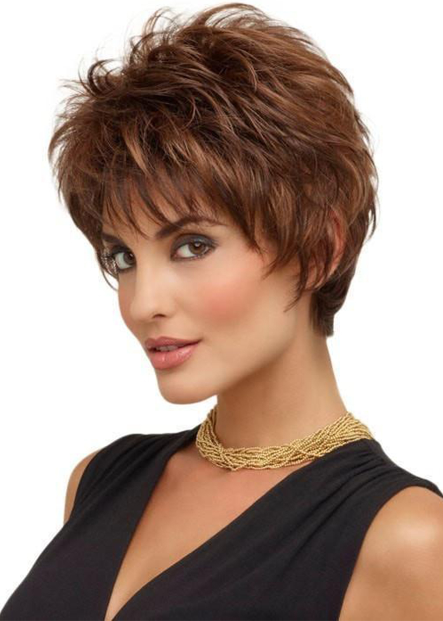 Women's Short Layered Hairstyle Natural Straight Synthetic Hair Capless Wigs With Bangs 8Inch