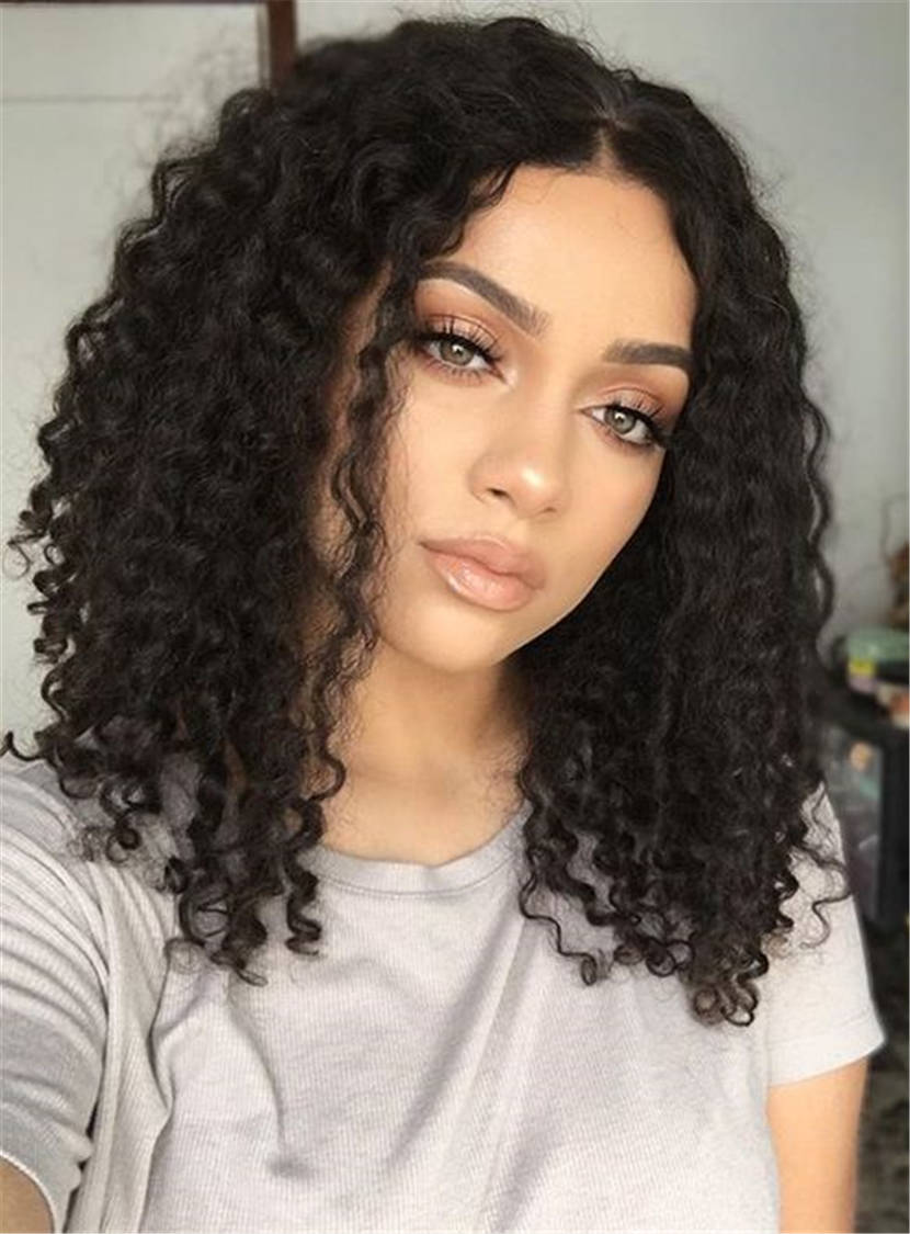 Center Part Kinky Curly Medium Synthetic Hair Bob For Round Face Lace Front Cap African American Wigs 14 Inches