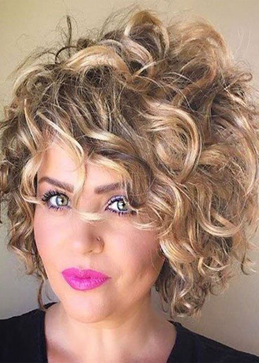 Durable Women's Short Length Big Curly Ombre Color Synthetic Hair Capless Wigs 14Inch