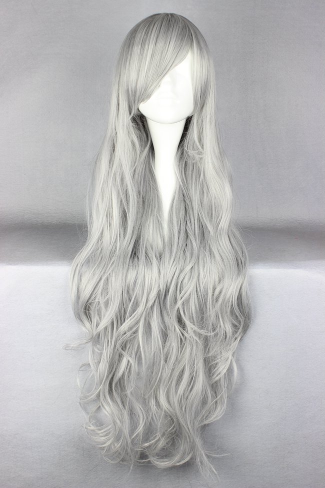 Salt and Pepper Long Curly Silver Synthetic Hair Cosplay Wigs 36 Inches