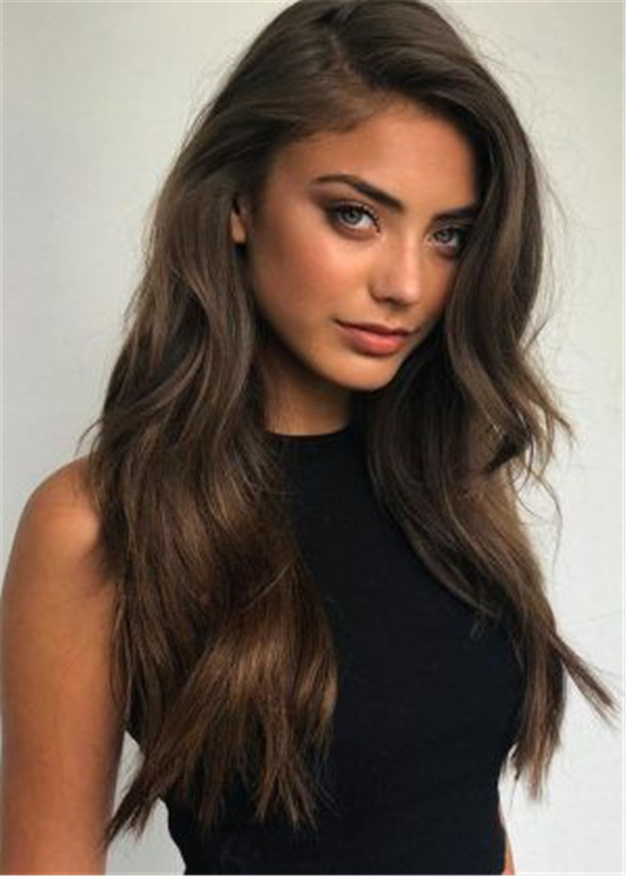 Side Part Long Wavy Human Hair Women Wig 24 Inches