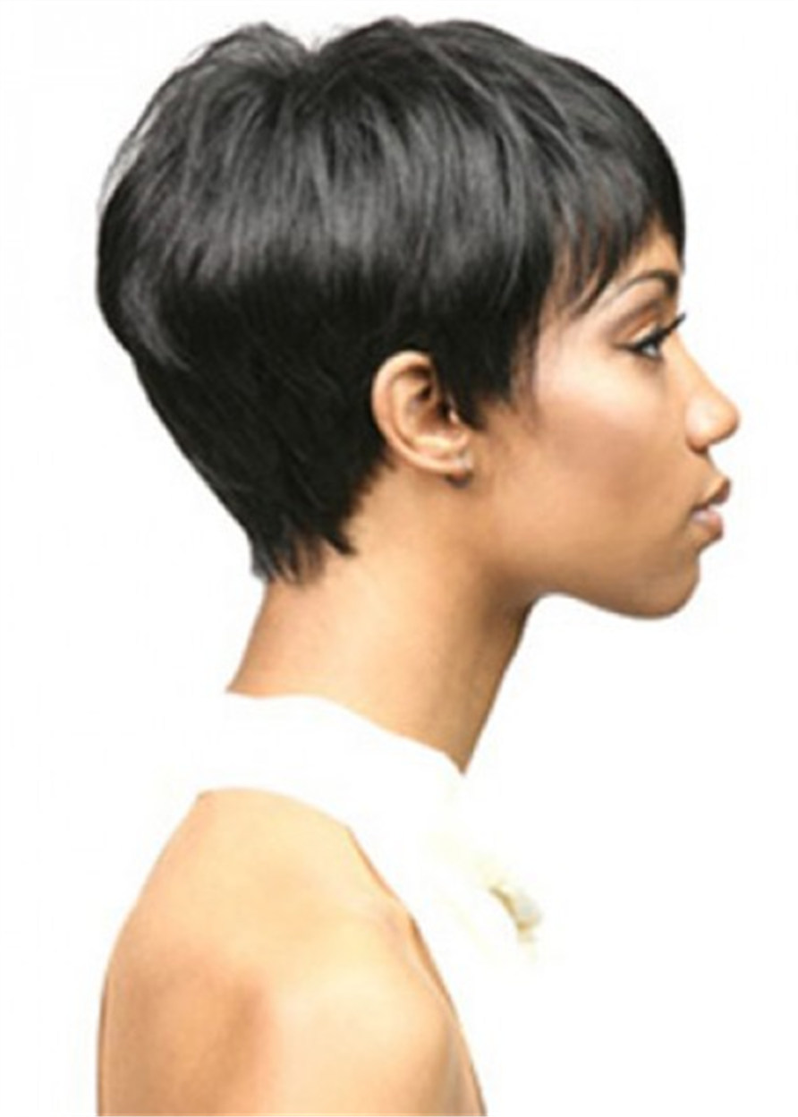 African American Pixie Short Straight Human Hair Capless Wigs 8Inches